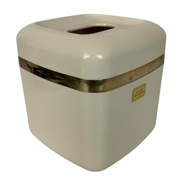 Vintage Square Ivory Tissue Box Holder 22 kt Gold Trim Molded Plastic Bath Decor - Picture 1 of 9
